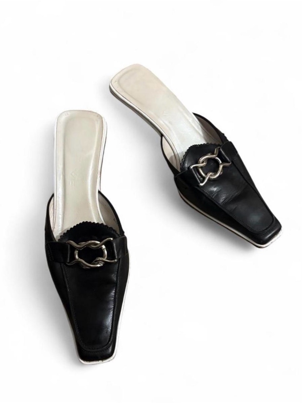 Vintage Y2K Black Leather Chain-Accent Women's Slip-On Mules Kitten Heels 8.5